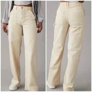 American Eagle Stretch Super High‎ Rise Baggy Wide Leg Pants Cream Size 4 Short